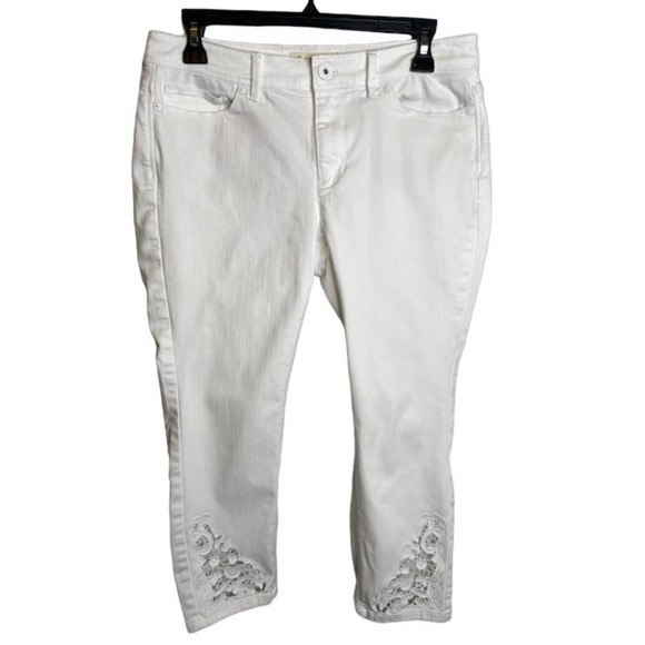 J Jill White Denim Jeans Sz 8 Cropped Authentic Fit Cutout Embroidery - Picture 1 of 4
